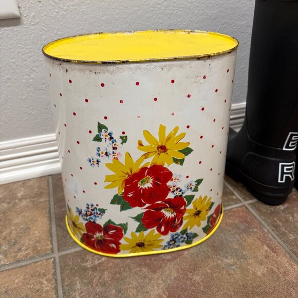 1950's Retro N.C. Color Ware Yellow & White Floral Metal Waste Bin - Picture 4 of 17